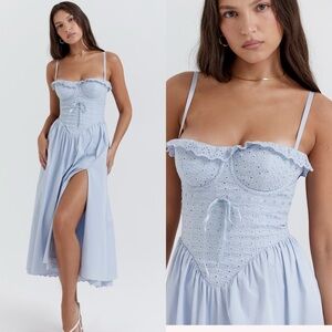 House of CB Blue Midi  jaime soft blue cotton Broderie Anglais Midi SunDress nwt